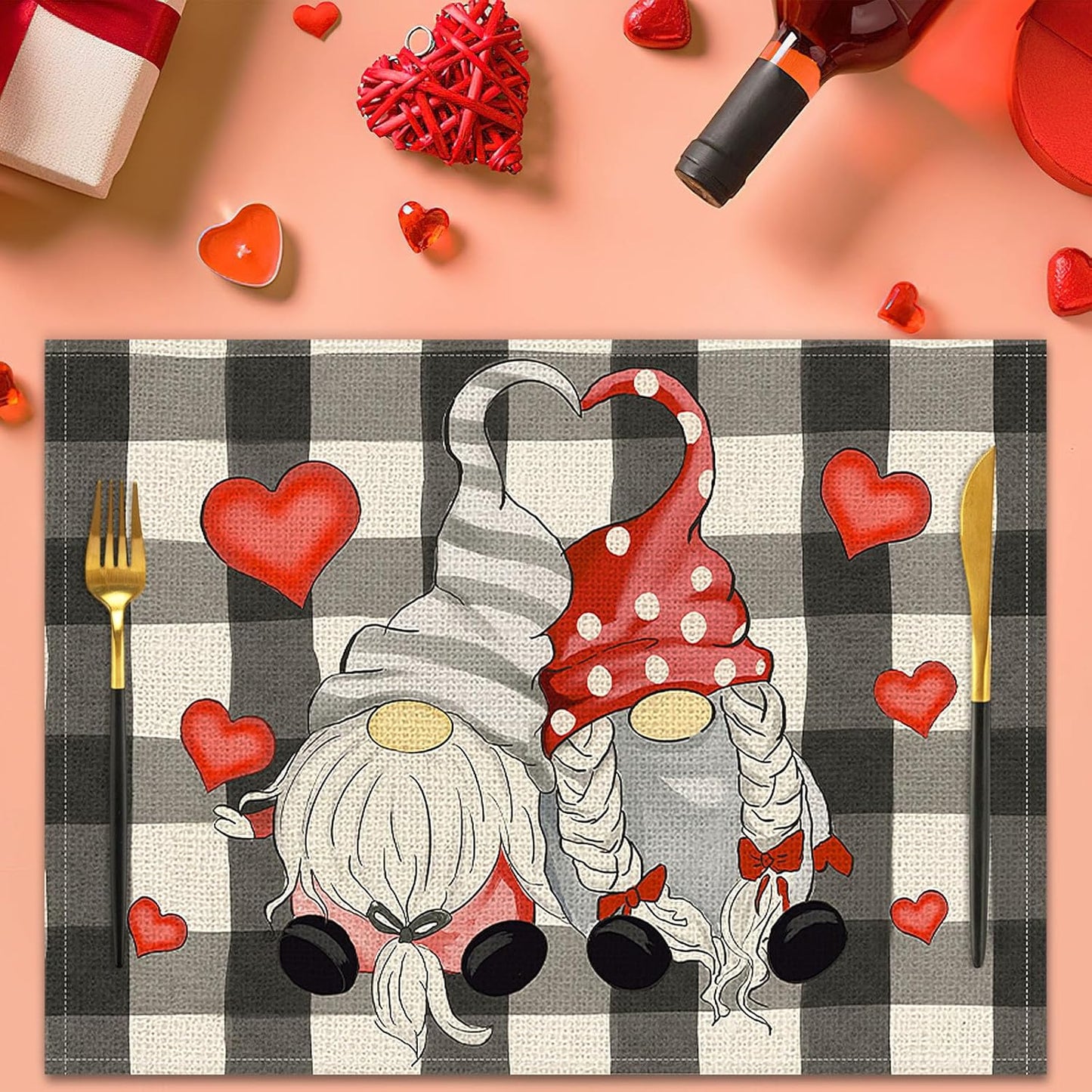 Valentines Day Placemats Set Of 4, 17x12.5 Inches With Gnomes And Hearts Pattern For Holiday Parties And Family Gatherings-clearance Sale